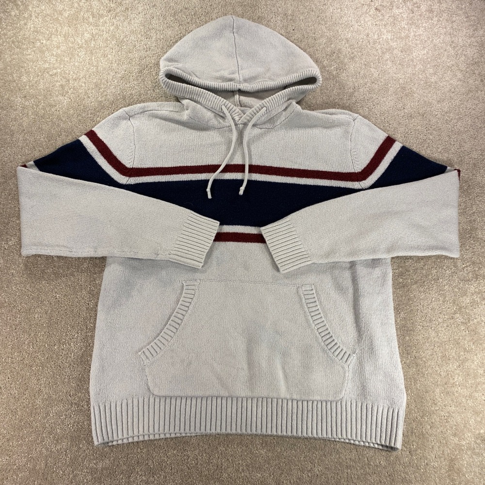 Old Navy Knit Hoodie Mens Large Gray Navy Burgundy Striped Colorblock Pullover
